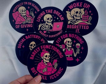 Gotisch sarcastisch skelet vinylstickers, laptop, planner, fles