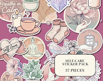 Self Care Planner Stickers PNG | 37 individual png | Cozy Aesthetic Mental Health Digital Stickers | Printable & Goodnotes Journal Decor
