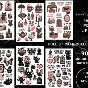 May include: A collection of pastel goth-themed stickers with various designs, including cats, bats, hearts, and gothic elements. The stickers feature phrases like "Cute But Psycho" and "Stay Spooky". The image also includes the text "Full Sticker Collection" and "90+ Unique Pastel Goth Designs".