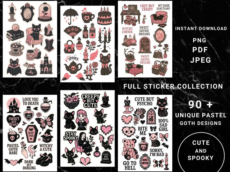 May include: A collection of pastel goth-themed stickers with various designs, including cats, bats, hearts, and gothic elements. The stickers feature phrases like "Cute But Psycho" and "Stay Spooky". The image also includes the text "Full Sticker Collection" and "90+ Unique Pastel Goth Designs".