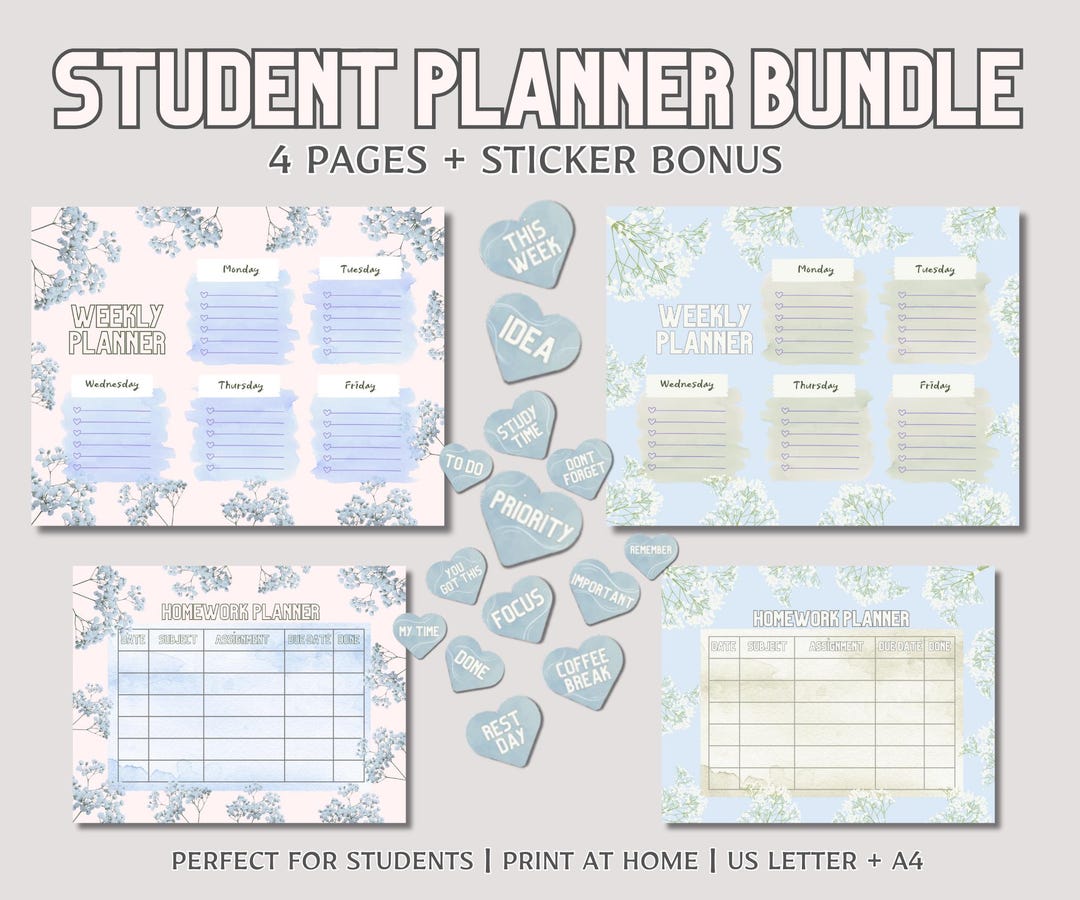 Student Planner Printable Bundle: Weekly Homework Organizer (PDF ...