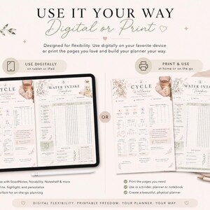 May include: Digital or print planner pages with "Cycle Wellness" and "Water Intake Tracker" templates. The image shows the planner on a tablet and printed, with text that reads "Use It Your Way". The design is in soft neutral tones with floral accents.