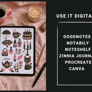 May include: A digital art tablet displays a collection of spooky-themed stickers in pink, black, and green. The image includes a pink mug, a lit candle, and text that reads "USE IT DIGITALLY" and lists compatible apps.