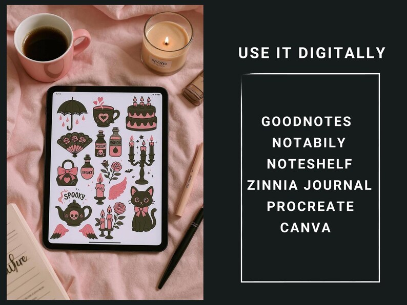 May include: A digital art tablet displays a collection of spooky-themed stickers in pink, black, and green. The image includes a pink mug, a lit candle, and text that reads "USE IT DIGITALLY" and lists compatible apps.