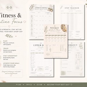 May include: A collection of printable fitness planners with a neutral color palette. The designs include a weekly workout planner, step tracker, and yoga routine. The text "Fitness & Routine Focus" is displayed at the top, with motivational text and icons.
