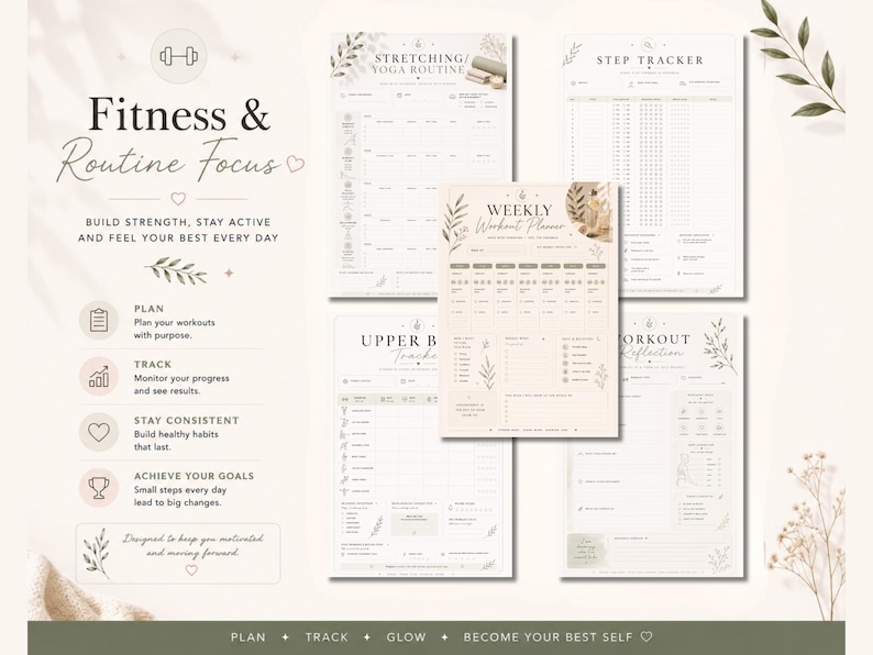 May include: A collection of printable fitness planners with a neutral color palette. The designs include a weekly workout planner, step tracker, and yoga routine. The text "Fitness & Routine Focus" is displayed at the top, with motivational text and icons.