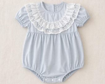 Blue Lace Baby Romper, Puff Sleeve Infant Bubble Outfit