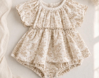 Beige Floral Baby Romper, Ruffle Sleeve Bubble Outfit