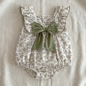 Sage Bow Floral Baby Girl Romper, Ruffle Strap Bubble Outfit