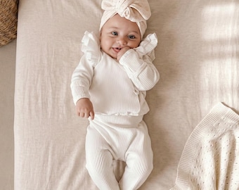 Katoenen baby-outfitset met stroken, babykleding met ruches voor pasgeboren meisjes