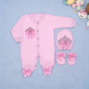 Newborn Cotton Layette Set: Crown & Bow Onesie, Hat, Booties