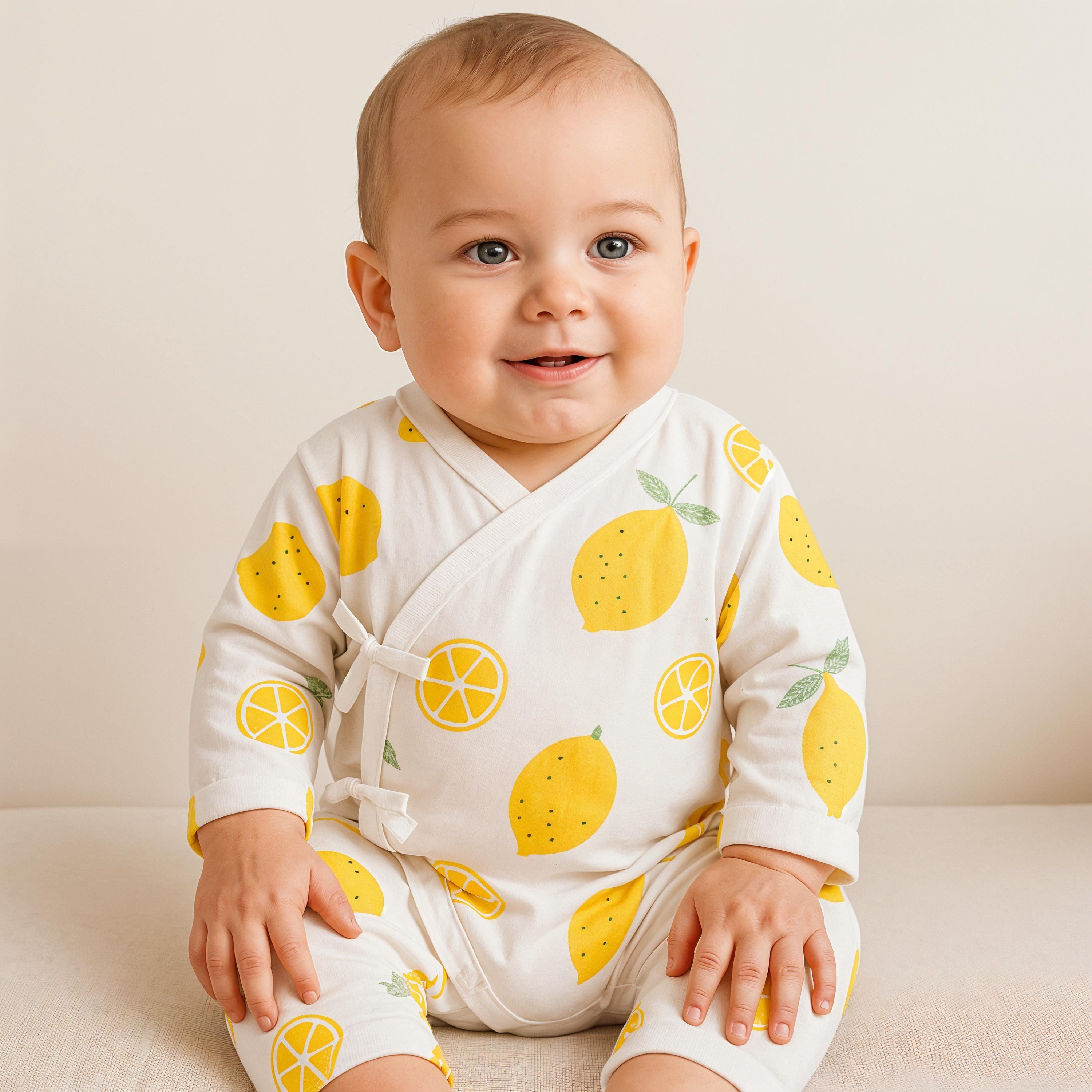 Lemon Print Baby Romper | Soft Cotton Infant Bodysuit with Side Tie | Unisex Long Sleeve Summer Onesie | Newborn Outfit