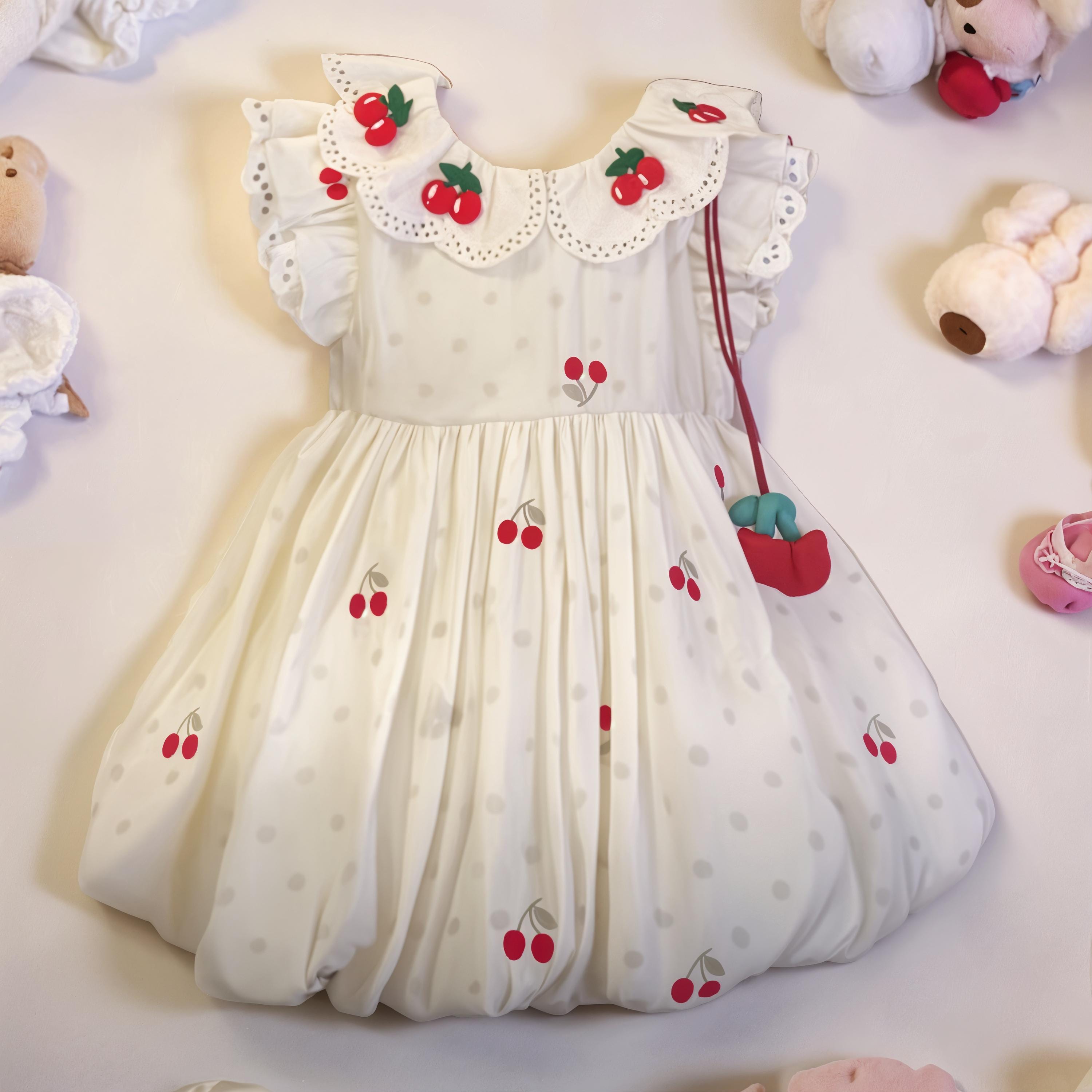 Cherry Embroidered Baby Girl Dress with Lace Collar – Ruffle Sleeve Cotton Dress for Summer, Photoshoots & Parties