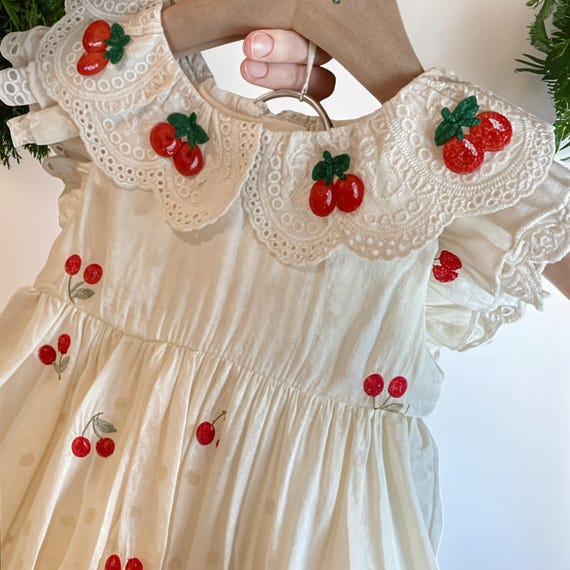Cherry Embroidered Baby Dress: Lace Collar Cotton Summer Outfit
