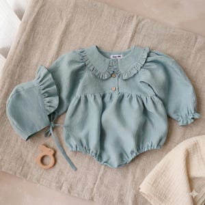 Baby Long Sleeve Romper and Bonnet Set, Ruffle Collar Linen-Look Infant Outfit