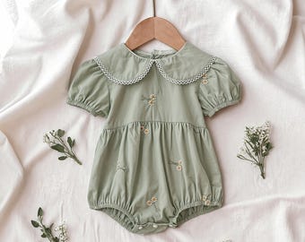 Baby Girl Embroidered Floral Romper – Cotton Puff Sleeve One-Piece with Scalloped Collar | Summer Baby Outfit