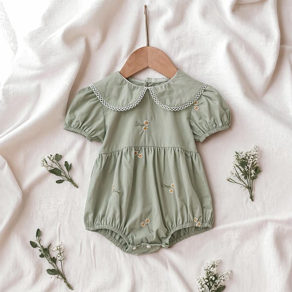Embroidered Floral Baby Romper – Cotton Puff Sleeve, Scalloped Collar