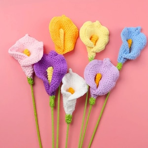 1Pcs Cartificial Crochet flowers bouquet, Tulip, Crochet Calla Lily Bouquet Creative Artificial Flowers Plants Party Home Decor Gift