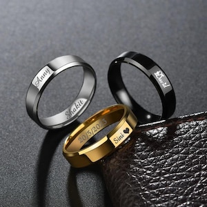 Engraved Name Couple Ring, 6mm Stainless Steel Personalized Ring, Dating or Anniversary Gift Custom Black Ring Stackable Engagement Ring