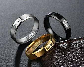 Engraved Name Couple Ring, 6mm Stainless Steel Personalized Ring, Dating or Anniversary Gift Custom Black Ring Stackable Engagement Ring