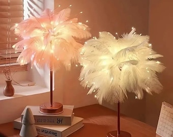 Lámpara de mesa LED con plumas: luz nocturna suave y recargable por USB para dormitorio, mesita de noche, bodas y decoración romántica para el hogar. Regalo para mamá.