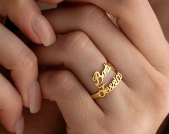 Custom Double Name Ring, Gold Adjustable Stainless Steel Personalized Ring for Women & Couples Two Name Ring, Adjustable Custom Date Ring