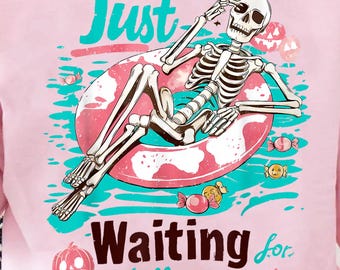 Just Waiting for Halloween PNG, Cute Summerween Clipart, Spooky Summer Halloween Sublimation Design, Skeleton Shirt Design, Tumbler Wrap png