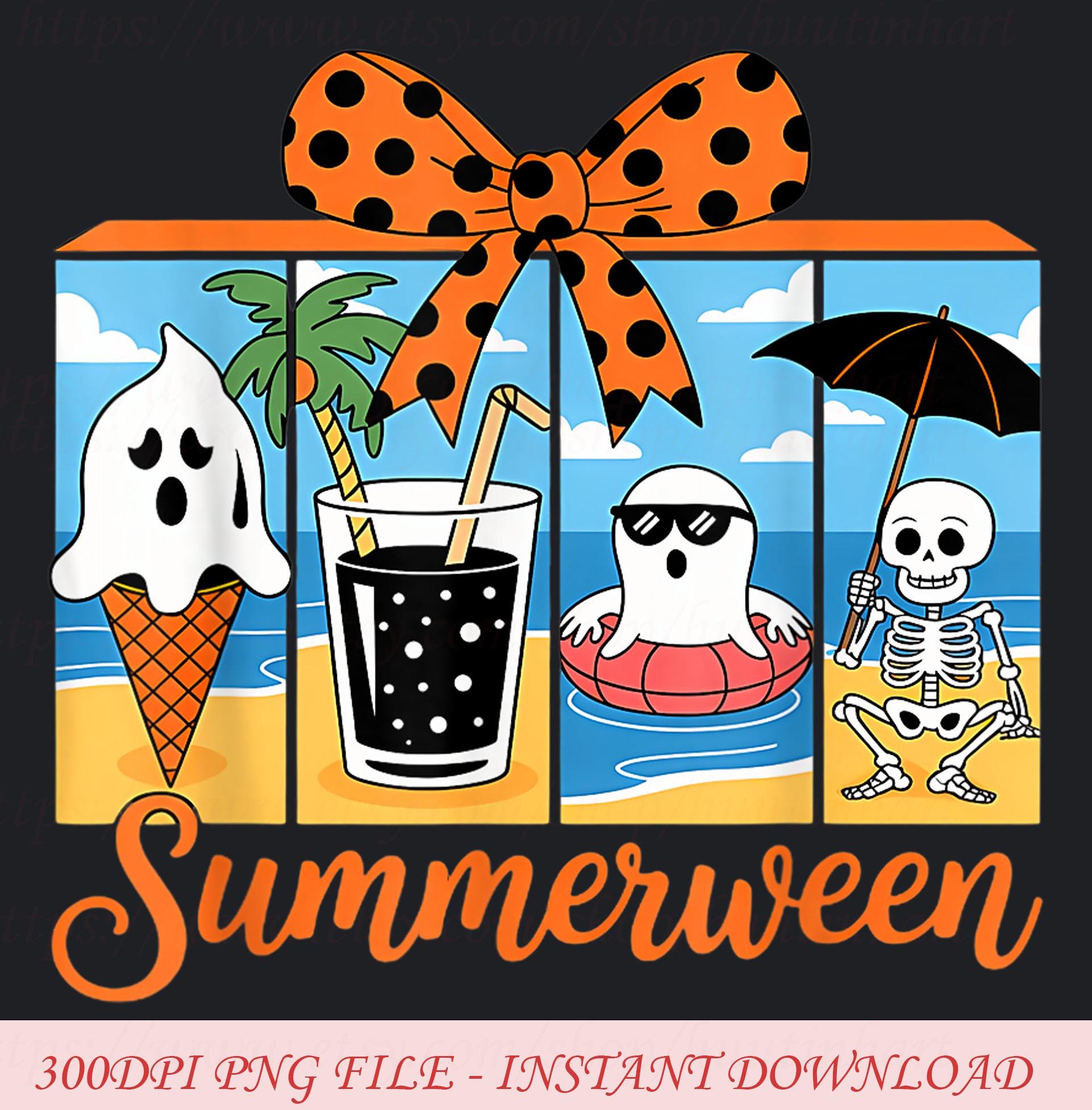 Summerween Beach Party Clipart PNG, Spooky Cute Halloween Beach Clip Art, Tropical Halloween Graphics, Kawaii Summer Skeletons, Ghosts PNG