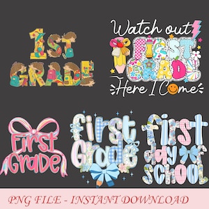 Preppy First Grade PNG Coquette First Grade Checkered PinkPng 1st grade Teacher sublimation First day Grade Preppy Doodle Hand Drawn Girl
