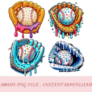 May include: Four colorful baseball glove and ball illustrations. Each baseball has colorful sprinkles and is dripping with icing. The gloves are in shades of brown, orange, blue, and white. The text at the bottom reads "300DPI PNG FILE - INSTANT DOWNLOAD".