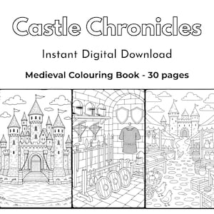 Castle Chronicles – A Medieval Colouring Journey | Printable Castle Coloring Book for Kids & Adults | Fantasy Medieval Scenes | PDF Download