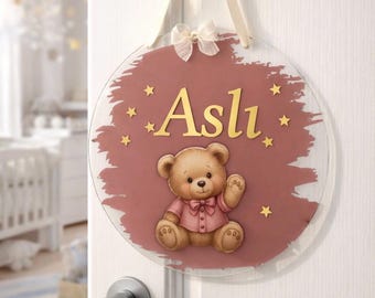 Letrero personalizado para puerta con nombre de bebé, decoración de pared personalizada para cuarto infantil, letrero acrílico con nombre y osito de peluche, decoración para habitación infantil, regalo para baby shower.