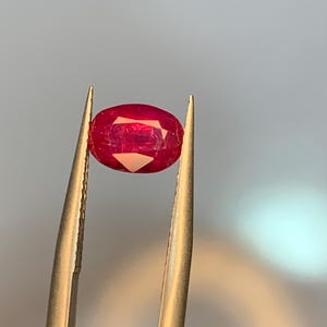 Puede incluir: Una gema roja vibrante, de talla ovalada, sujeta con pinzas doradas. Las facetas de la gema reflejan la luz, mostrando su rico color y claridad. Esta gema es un ejemplo llamativo de joyería fina.