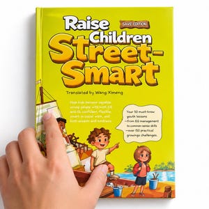 May include: A hardcover book with a bright lime green cover titled Raise Children Street-Smart, Save Edition. The cover features a cartoon illustration of children on a wooden dock near a boat, with text describing 50 youth lessons and EQ management.
