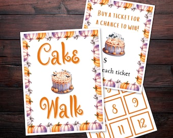 Może przedstawiać: Zestaw do gry Cake Walk o tematyce Halloween. Znak zawiera pomarańczowy tekst z napisem "Cake Walk" i "Kup bilet, aby mieć szansę wygrać!" z ilustracją ciasta. Obramowanie jest ozdobione dyniami. Zawiera numery biletów.