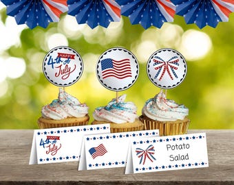 Juli 4th Cupcake Toppers & Food Tent Cards: Vaterländische Party Printables (Digitaler Download)