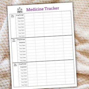 May include: A white Medicine Tracker sheet with a purple header. The sheet is designed to track medication details, including the day, date, drug/dosage, frequency, and time taken. The sheet has a simple, organized layout with multiple sections for recording medication information.
