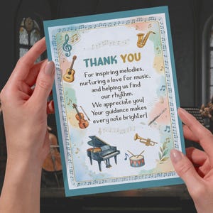 May include: A teal thank you card with musical instrument illustrations, including a guitar, violin, saxophone, piano, and trumpet. The card's text reads "THANK YOU" and expresses gratitude for musical guidance.