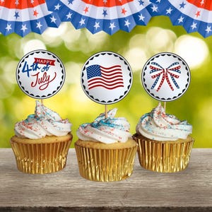 4th of July Printable Cupcake Toppers, Independence Day Cupcake Picks, Mini and Regular Cupcake Toppers, Patriotic Garland Circles