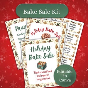 Op de afbeelding: Een feestelijke bakverkoopkit met printbare borden en labels. De kit bevat borden met tekst als "Holiday Bake Sale" en "Price" met ruimte voor koekjes en brownies. De borden hebben een decoratieve rand met peperkoekmannetjes en sterren.