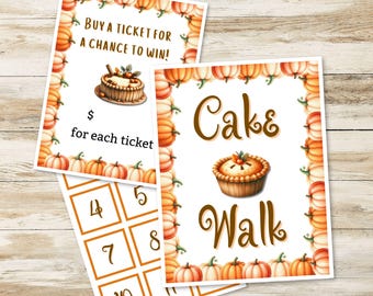 Może przedstawiać: Dwa drukowane znaki do gry w cake walk o tematyce jesiennej. Jeden znak głosi „Cake Walk” z ilustracją ciasta. Drugi znak mówi „Kup bilet, aby mieć szansę wygrać!” z ilustracją ciasta. Oba znaki mają obramowanie z dyni.