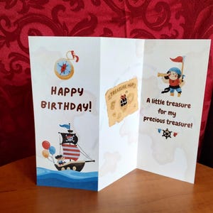 Printable Pirate Birthday Card for Kids - Boys and Girls, Gift Card & Money Holder, Trifold Treasure Map Theme, High-Seas Adventure Greeting