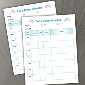 May include: Two white sheets of paper with the text "Car & Driver Schedule" and a car key graphic. The schedule includes sections for the day, date, driver, car, times, and notes. The layout is in a grid format with light blue accents.