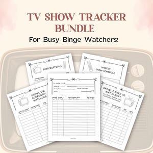 Op de afbeelding: Een bundel witte papieren vellen met zwarte tekst, ontworpen voor het volgen van tv-programma's. De vellen bevatten secties voor abonnementen, wekelijkse schema's en shows om te bekijken. De tekst luidt "TV Show Tracker Bundle For Busy Binge Watchers!"
