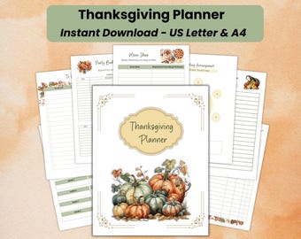 May include: A collection of printable Thanksgiving planner pages. The cover features a watercolor illustration of pumpkins and gourds. The planner includes sections for menu ideas, party budget, and seating arrangements. Text at the top reads "Thanksgiving Planner, Instant Download - US Letter & A4."