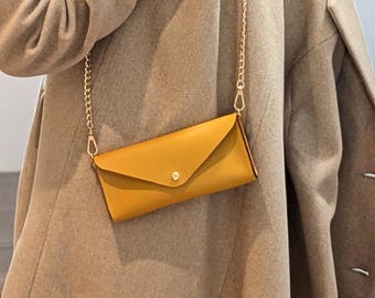 Vegetable Tanned Leather Envelope Clutch in Yellow: Shoulder Crossbody Bag with Detachable Gold Chain