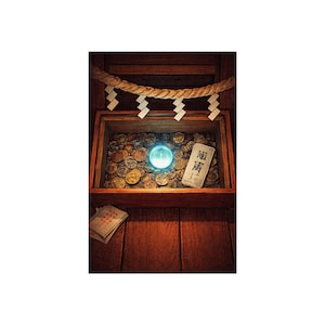 Shinto Shrine Offering Box Poster | Japanese Shrine Coins, Sacred Rope, Blue Orb Art