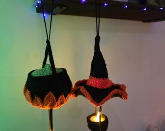 Halloween crochet light decoration: cauldron and witch hat