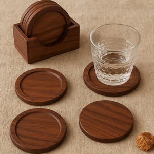 Solid Walnut Wood Coasters Set of 6 with Holder | Handmade Round Drink Coasters | Natural Rustic Wooden Table Decor