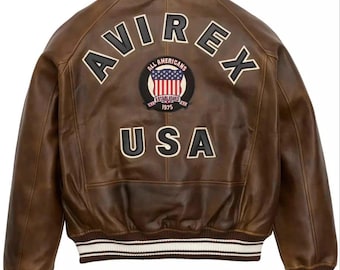 Vintage men Avirex Leather Bomber Jacket: Genuine Cowhide, Military Style